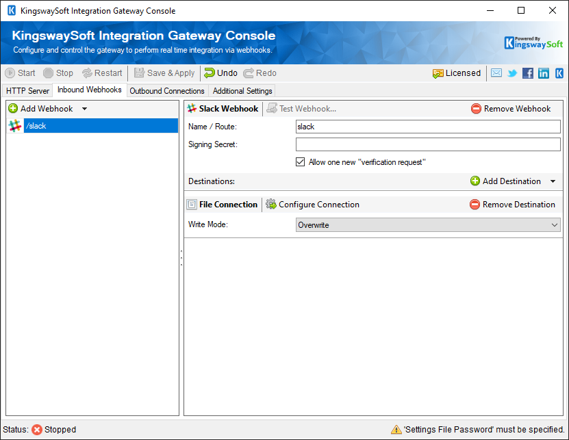 KingswaySoft Integration Gateway Console - Inbound Webhooks - Slack